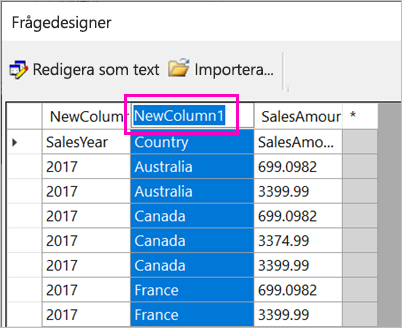 Skärmbild av valet av kolumnnamn.