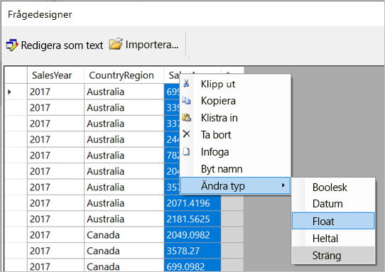 Skärmbild av alternativen Ändra datatyp.