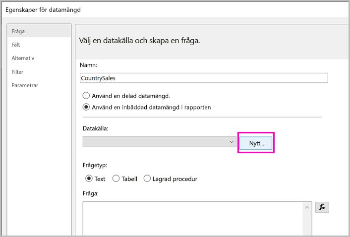 Skärmbild av knappen Ny inbäddad datakälla.