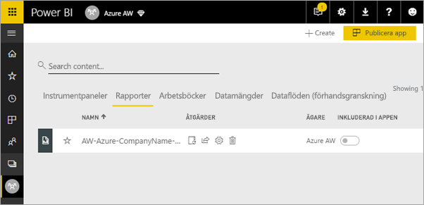 Skärmbild som visar var rapporten visas i listan Rapporter på sidan Applista.