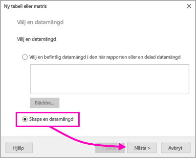 Skärmbild som visar var du hittar alternativet Skapa en datauppsättning.