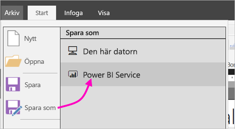 Skärmbild som visar alternativet Publicera under menyn Arkiv.