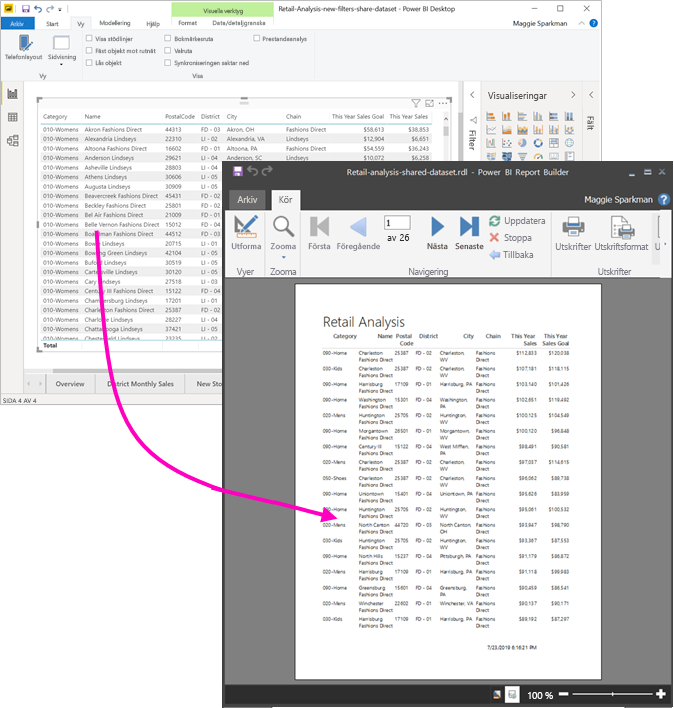 Skärmbild av sidnumrerad rapport från Report Builder som skrivits ut från Power BI Desktop.