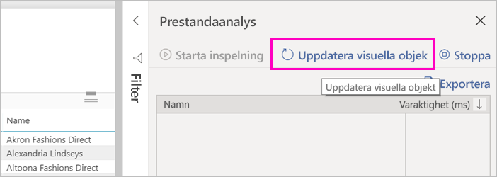 Skärmbild av knappen Uppdatera visuella objekt i Prestandaanalys.