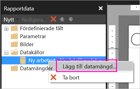 Skärmbild av alternativet Lägg till datauppsättning under Datakällor.