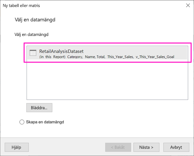 Skärmbild av datamängdsalternativen i tabellguiden.