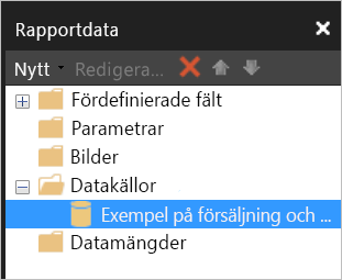 Skärmbild av fönstret Rapportdata med datamängden under Datakällor.