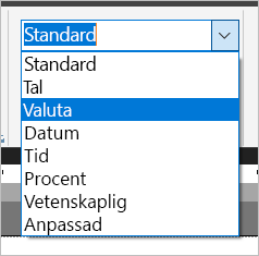 Skärmbild av alternativ för talformat.