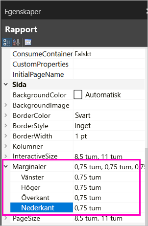 Skärmbild av egenskaperna för sidmarginalen.