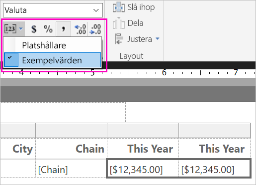 Skärmbild av exempelvärden för formatering.