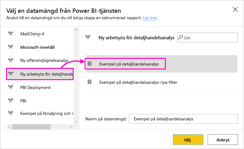 Skärmbild som visar datauppsättningar att välja mellan.