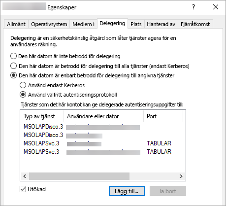 Skärmbild av Power BI-rapporter som visar fliken Delegering i Fönstret Egenskaper.