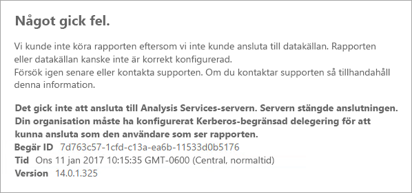 Skärmbild av Power BI-rapporter som visar felmeddelande om problem med att ansluta till Analysis Services-servern.