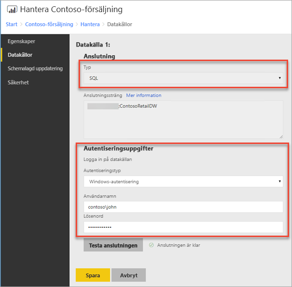 Data source credentials in manage report screen