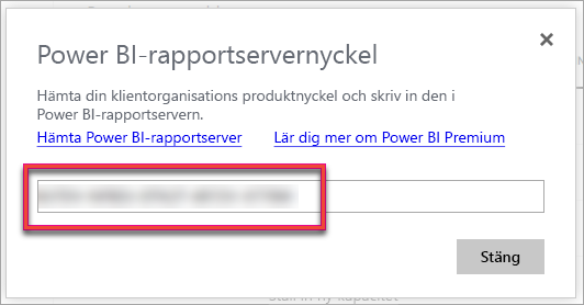 Skärmbild av Power BI-rapportserver produktnyckel.