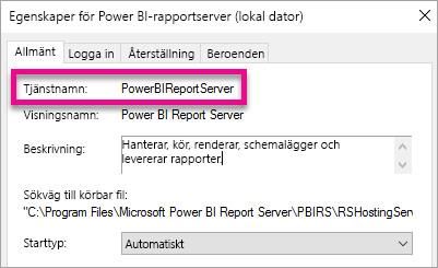 Egenskaper för Report Server Windows Service