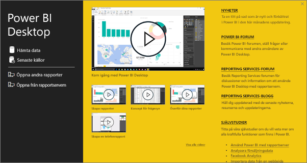 Power BI Desktop start screen