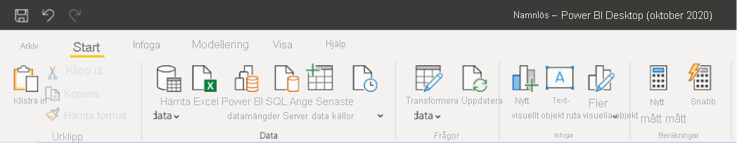 Skärmbild av nytt menyfliksområde i Power BI Desktop för Power BI-rapportserver.