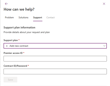Skärmbild av fliken Support som visar var du väljer Lägg till nytt kontrakt.