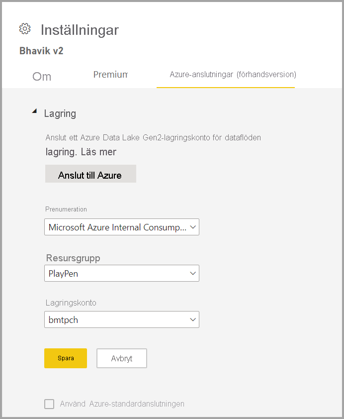 Screenshot of the Settings window after choosing Connecting to Azure.