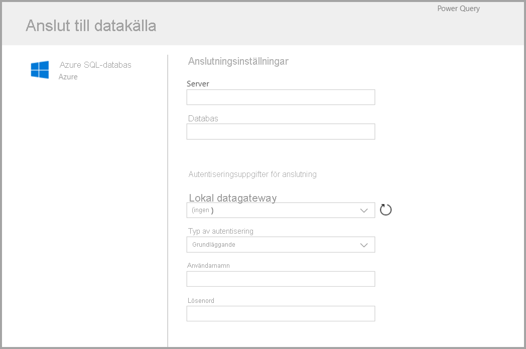 Skärmbild av formuläret som visas när du har valt Azure SQL som anslutningsapp.