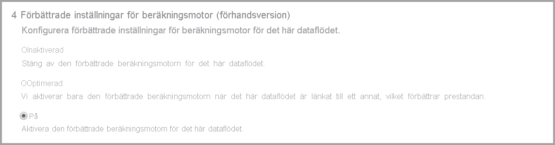 Skärmbild av de förbättrade inställningarna för beräkningsmotorn med alternativet på valt.