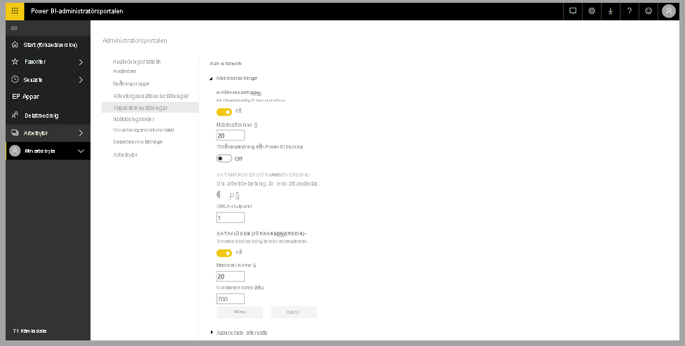 Skärmbild av administratörsportalen som visar kapacitetsinställningarna.