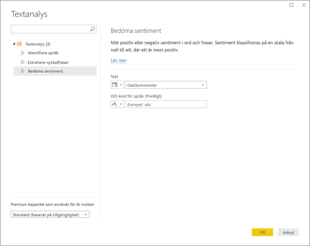 Screenshot of the Text analytics dialog box showing the Score sentiment function.