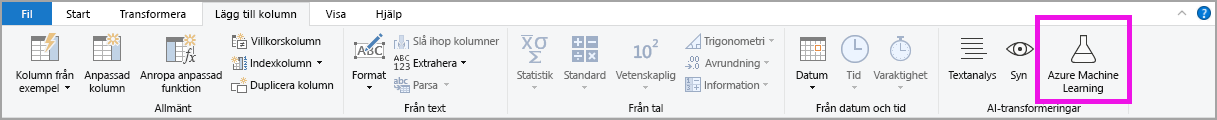 Skärmbild som visar knappen Azure Machine Learning i Power Query-redigeraren.