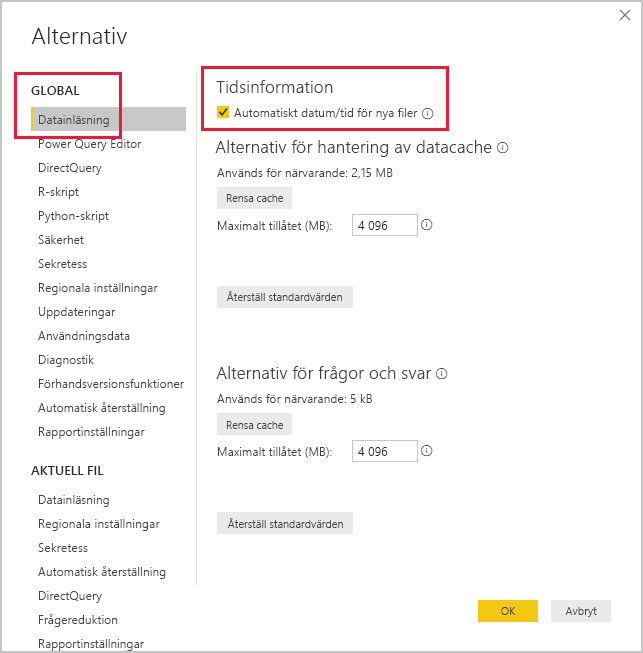 Skärmbild av rutan Alternativ för Power BI Desktop.