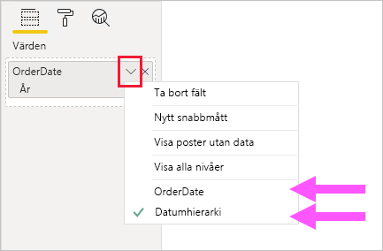 Skärmbild som visar exempel på en konfiguration av ett visuellt fält för OrderDate-hierarkin.