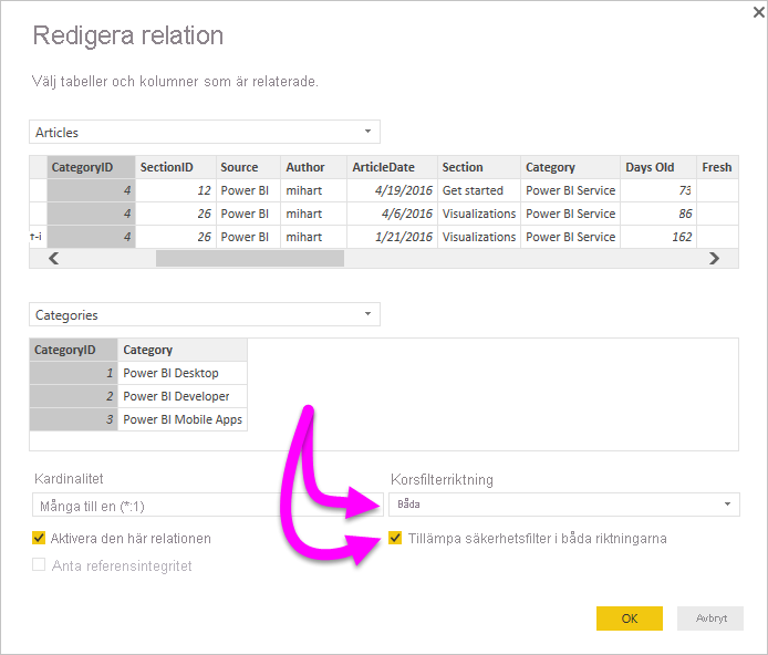 Screenshot of the Edit relationship dialog box with Cross filter direction set to both and the checkbox to Apply security filter in both directions selected.