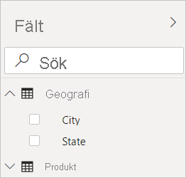 Screenshot of Power BI Desktop showing the Geography filter in the Fields view.