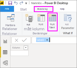 Skärmbild av menyfliksområdet i Power BI Desktop med Tabellverktyg, Ny tabell och Datavy markerad.