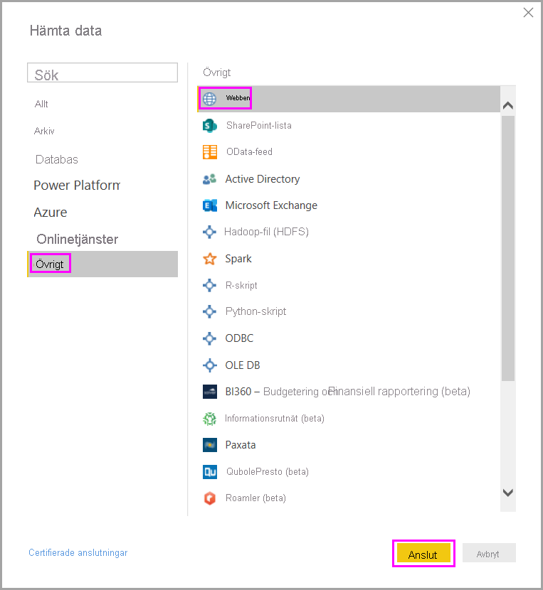 Screenshot of the Get data dialog box highlighting the option to connect to a Web data source.