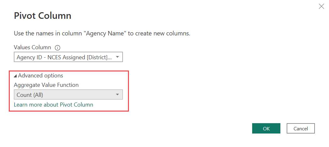 Screenshot of the Pivot Column dialog box highlighting Advanced options.