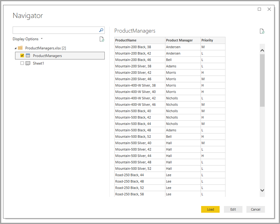 Skärmbild av navigeringsfönstret när du har valt en Excel-fil som källa.