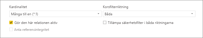 Skärmbild av den nedre delen av dialogrutan Skapa relation med alternativen Kardinalitet och Korsfilterriktning.