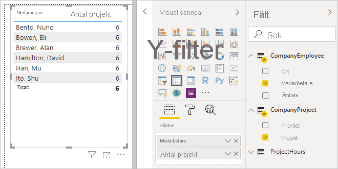 Skärmbild av den visualiseringsflik som används med fälten Medarbetare och Projekt.