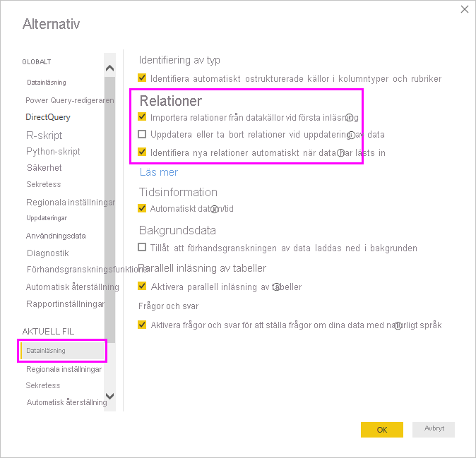Skärmbild av rutan Alternativ som visar inställningarna för relationer på fliken Datainläsning.