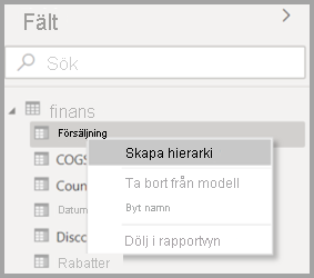 Skärmbild av den ursprungliga snabbmenyn för ett fält i Power BI Desktop.