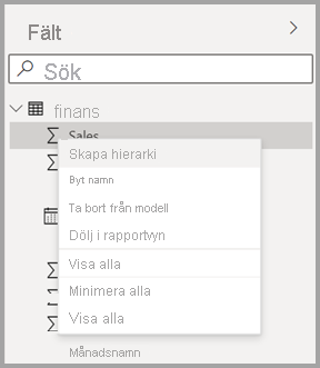 Skärmbild av den nya snabbmenyn för ett fält i Power BI Desktop.