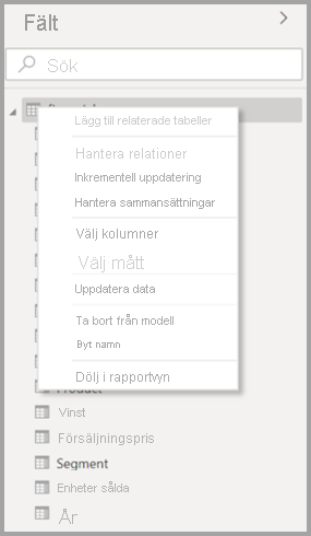 Skärmbild av den ursprungliga snabbmenyn för en tabell i Power BI Desktop.