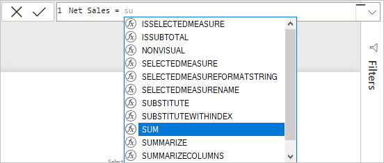 Skärmbild av SUM som valts från en lista i formelfältet.