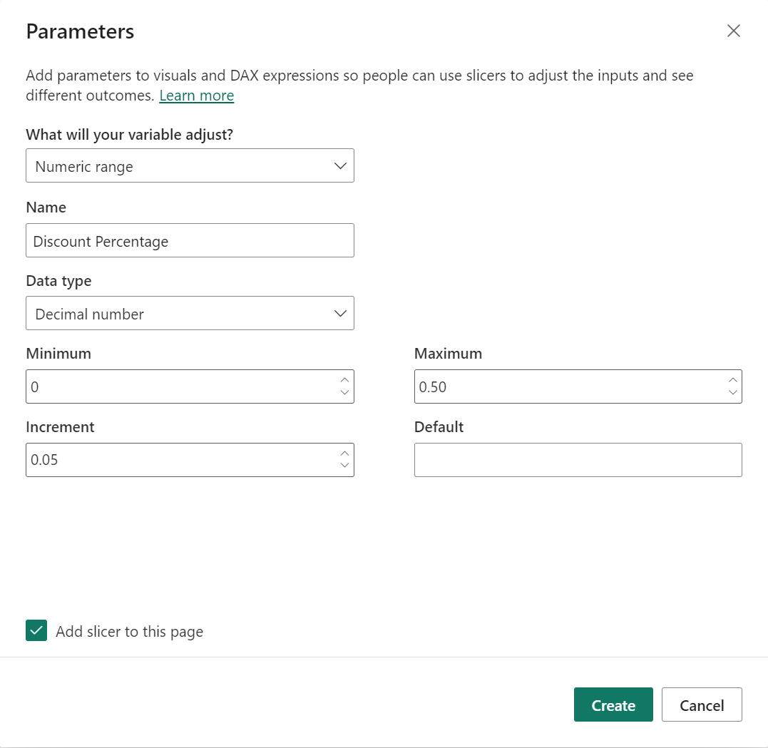 Skärmbild av dialogrutan Parametrar med exempeldata ifyllda i fälten.