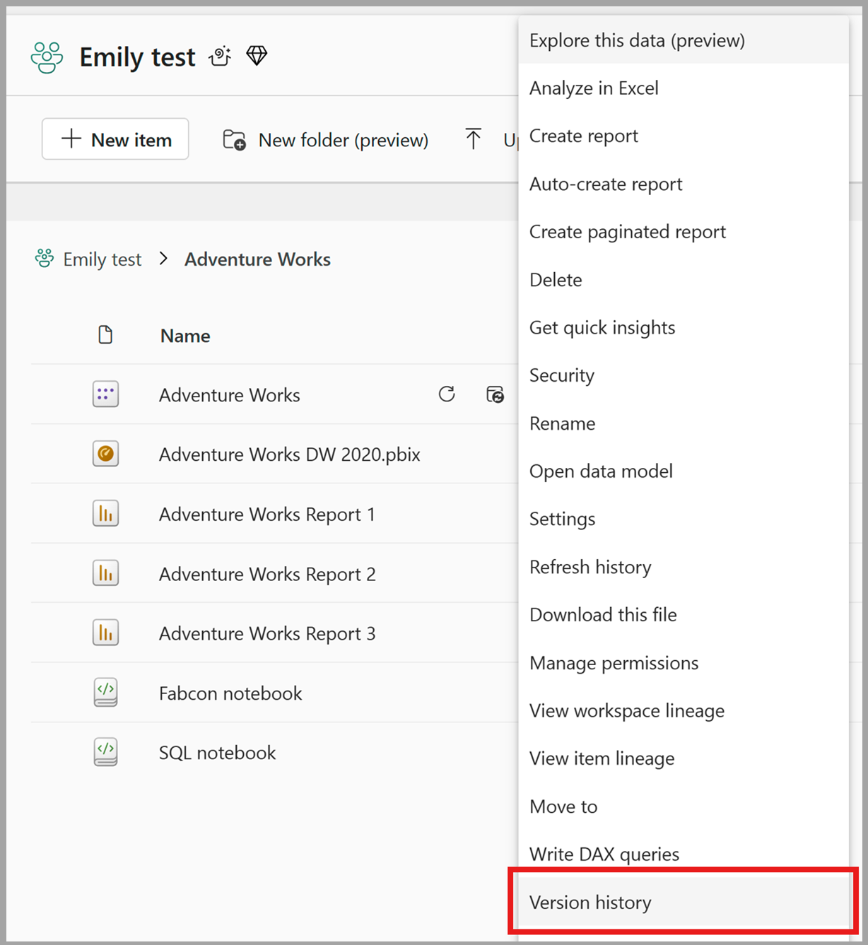 Screenshot showing how to select version history from a semantic model menu.