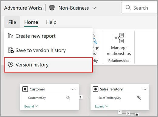 Screenshot showing how to select version history when editing a semantic model on the web.