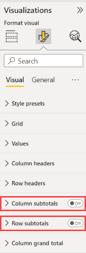 Skärmbild av fönstret Visualiseringar i Power BI, som visar kolumner och rader för undersummor.