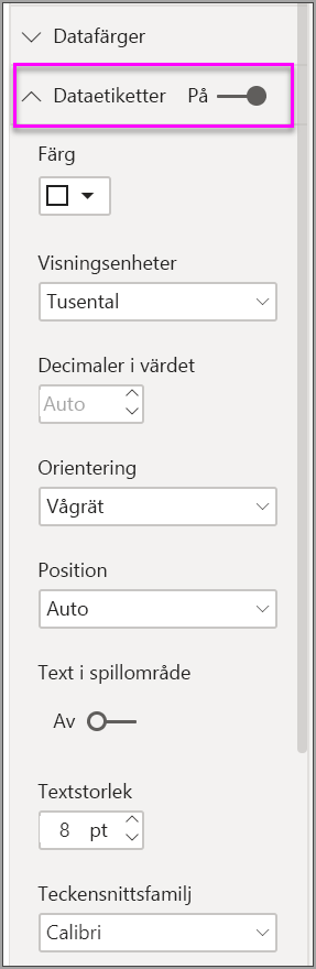 Skärmbild som visar formateringsalternativ för dataetiketter i Power BI.