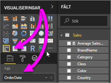 Skärmbild av fönstret Visualiseringar med ikonen för utsnittsvisualisering och den fältbrunn som framhävs.